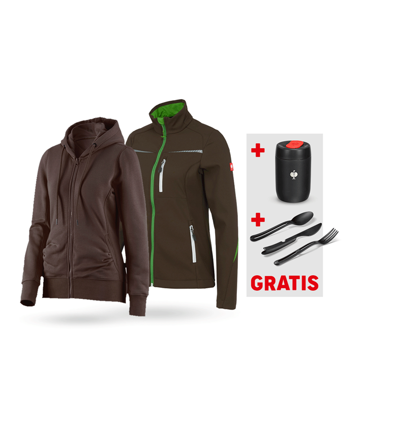 Bekleidung: SET: Softshelljacke + Hoody-Sweatjacke, Damen + kastanie/seegrün