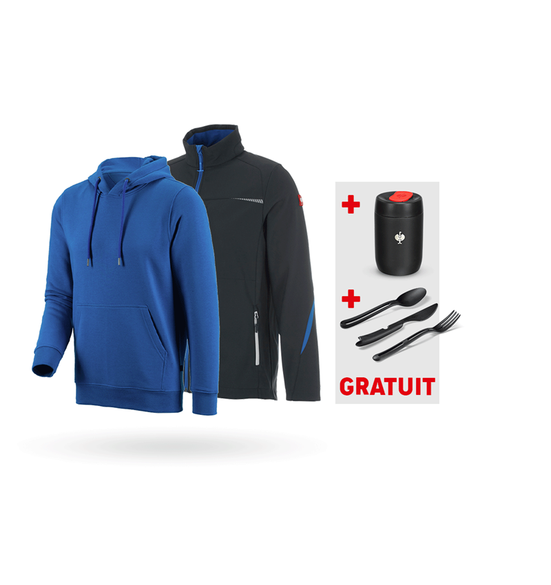 Vêtements: KIT : Veste softsh. e.s.motion 2020+pull à capuche + graphite/bleu gentiane
