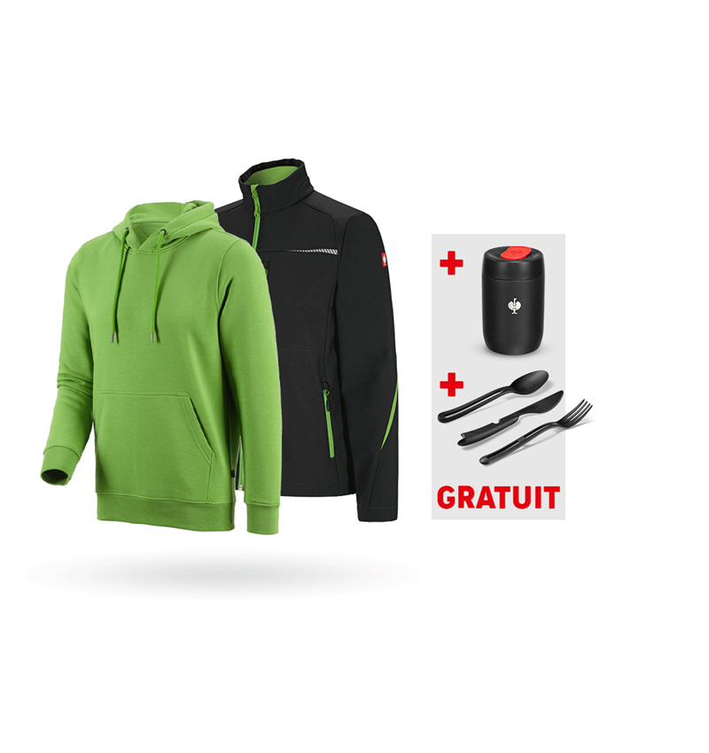 Vestes de travail: KIT : Veste softsh. e.s.motion 2020+pull à capuche + noir/vert d'eau