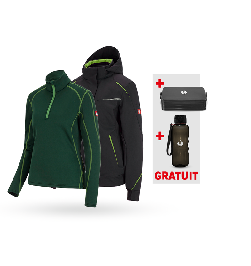 Cadeaux plus grands: KIT : Veste softsh.hiver e.s.motion 2020+pull, fe. + noir/vert d'eau