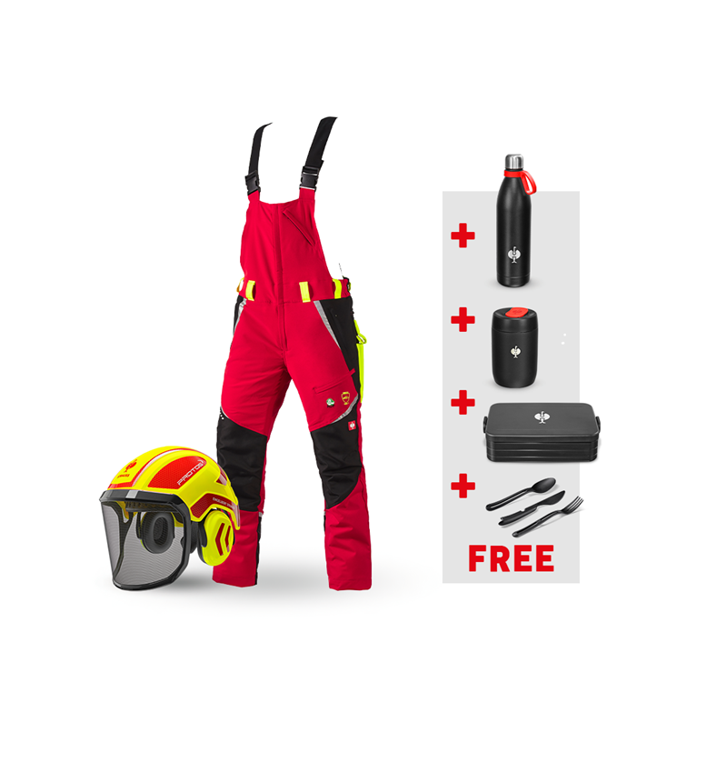 Clothing: SET: e.s. Forestry cut prot. bib&brace KWF+ helmet + red/high-vis yellow