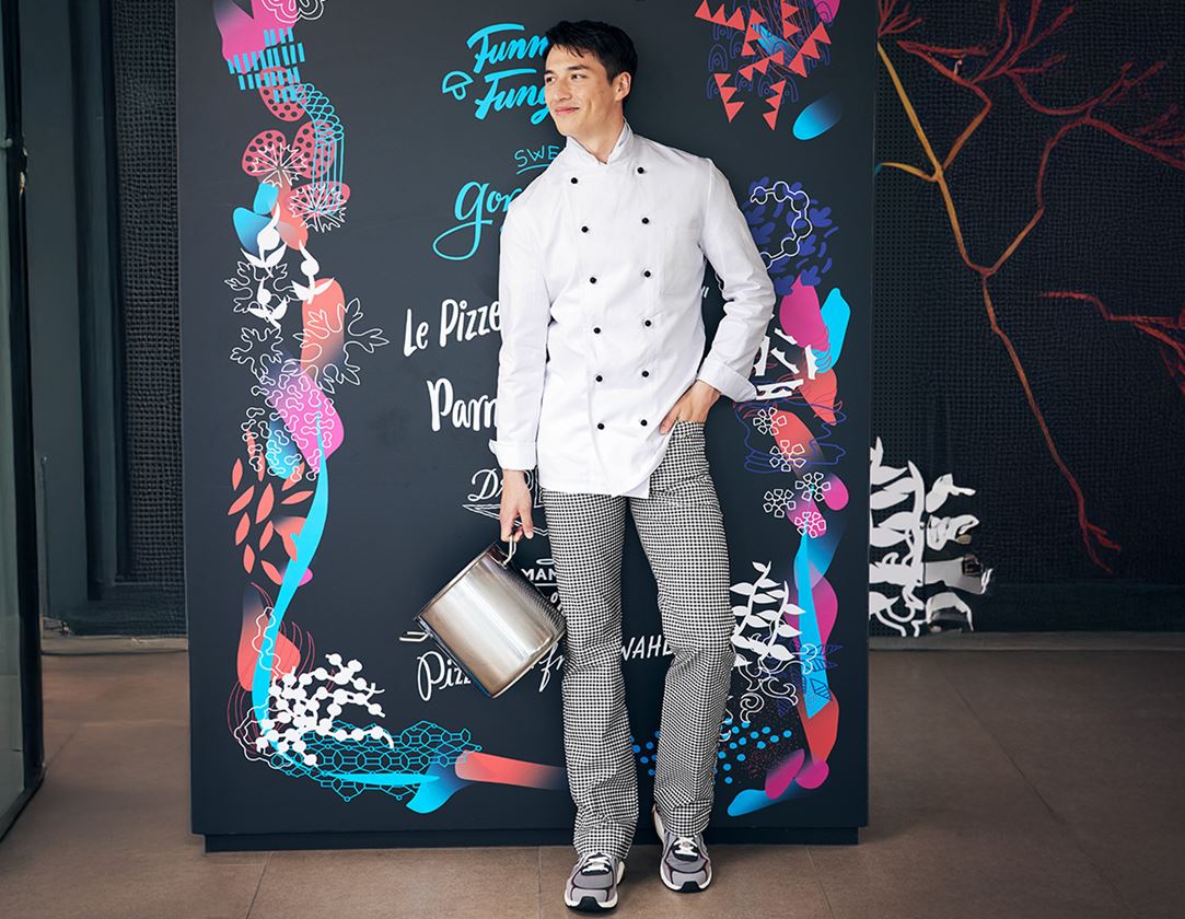 Work Trousers: Stretch Unisex Chefs Trousers + black/white 1