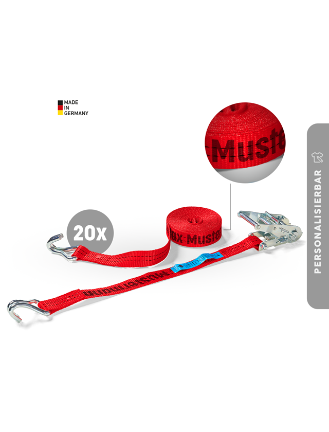 Spanngurte: 20x Spanngurte, 2-tlg - Ratsche+Haken, inkl. Druck