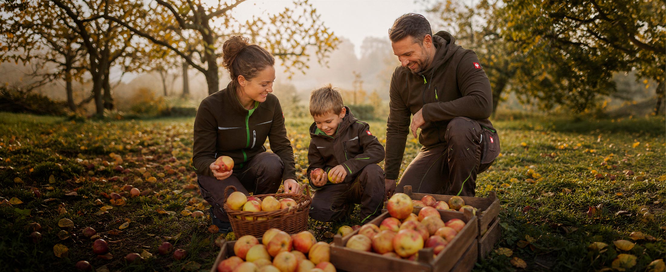 KI-generiert / -modifiziert: Eine Familie in der Kollektion e.s.motion2020 in braun und seegrün erntet reife Äpfel.