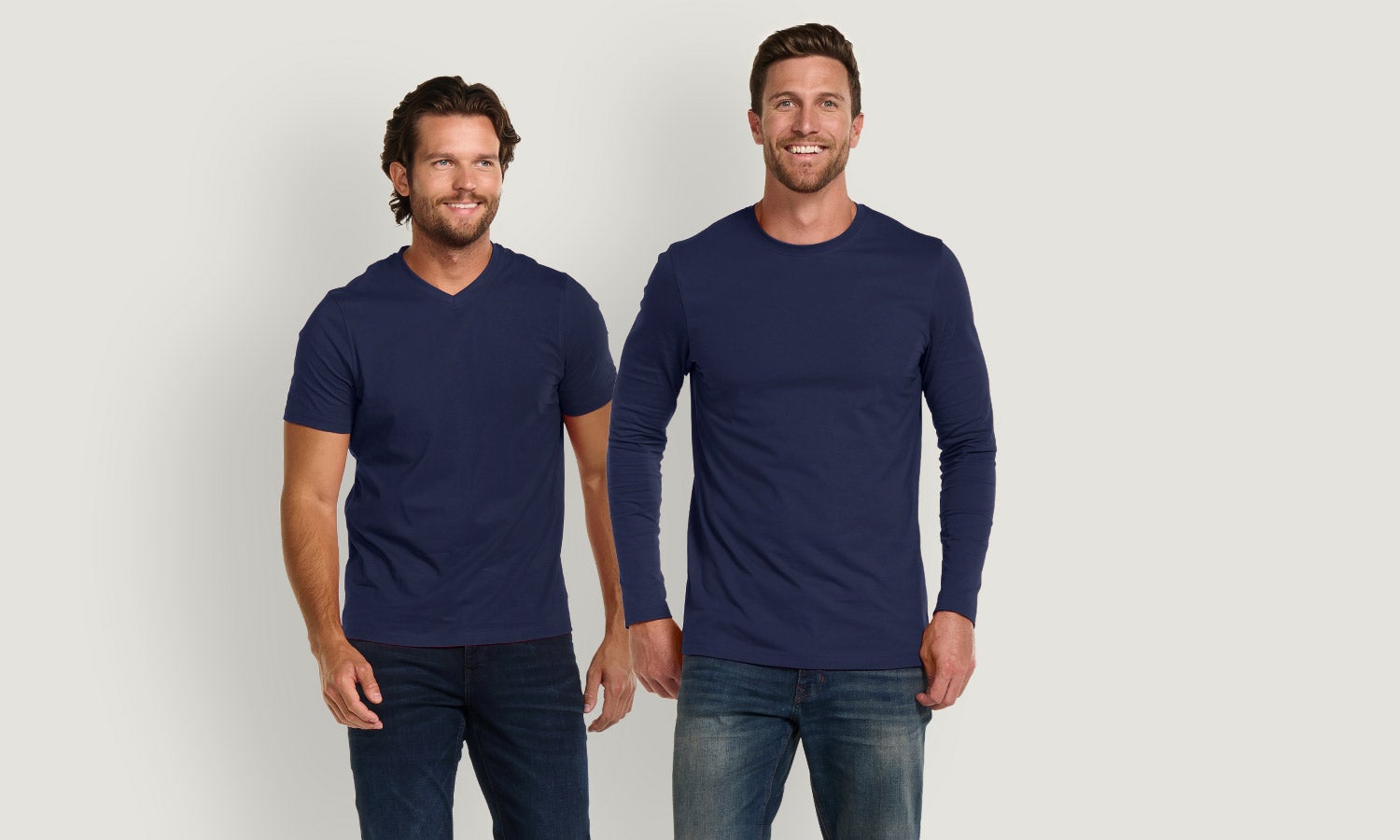 Male models wearing the new basics in dark blue.