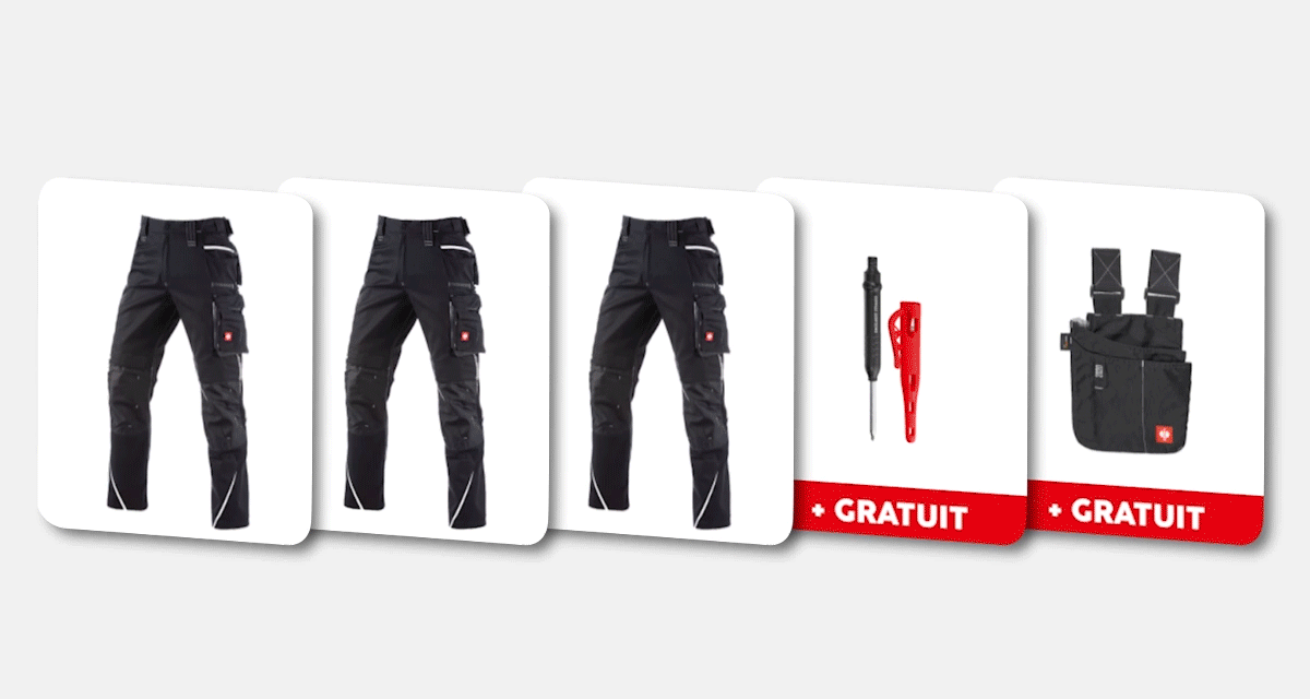 Animation de la configuration du set : 3x pantalons ou salopettes e.s.motion 2020 en différentes couleurs avec divers articles gratuits