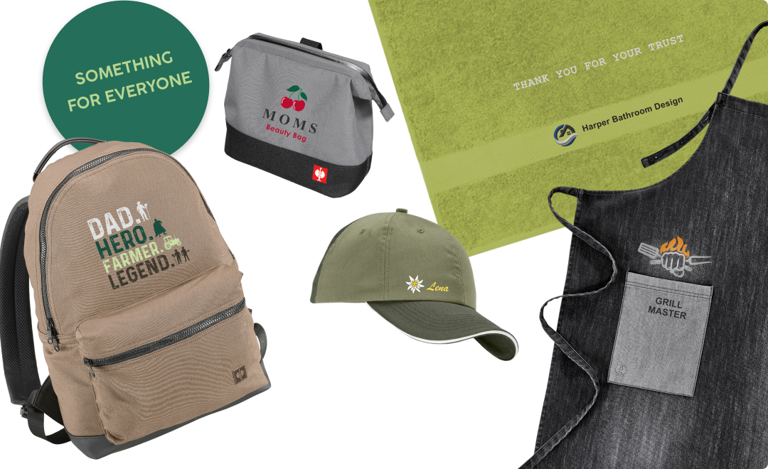 Backpack, toiletries bag, cap, towel and barbecue apron with customised prints and embroidered motifs