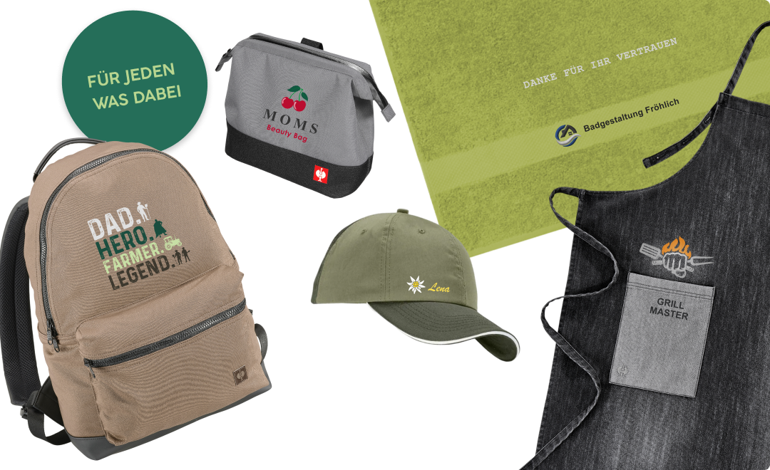 Rucksack, Washbag, Cap, Handtuch und Grillschürze mit individuellen Druck- und Stickmotiven