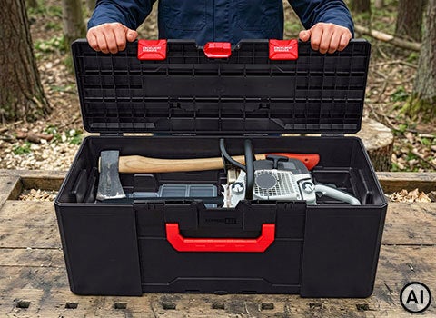 AI-generated / modified – person holding the lid of the open STRAUSSbox 340 maxi, filled with forestry tools