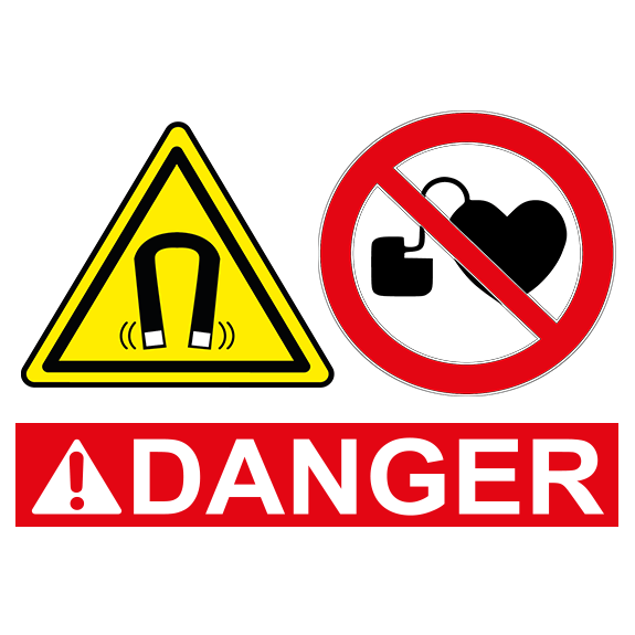 Warning and prohibition symbols: a yellow warning sign with a black triangle and a stylised magnet, and a red prohibition sign with a crossed-out circle, a stylised heart and an implanted device. The text “DANGER” appears alongside them. The symbols identify a product containing magnetic components that may interfere with the function of implanted devices.