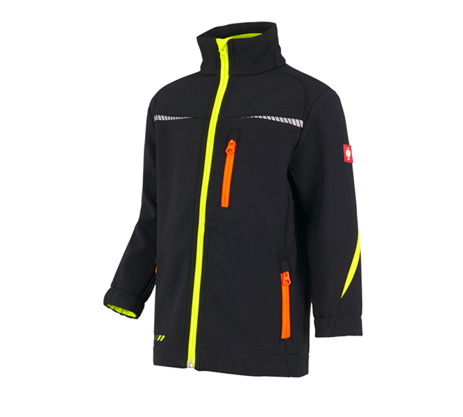 Main view, Clothing, Softshell jacket e.s.motion 2020, children's, black/high-vis yellow/high-vis orange