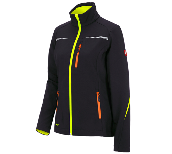 Main view, Work Jackets, Softshell jacket e.s.motion 2020, ladies', black/high-vis yellow/high-vis orange