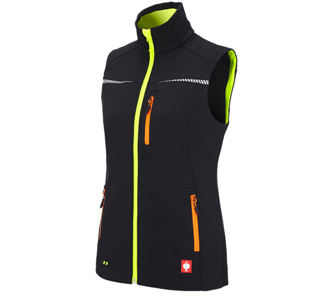 Hovedvisning, e.s.motion 2020, Softshellvest e.s.motion 2020, damer, sort/advarselsgul/advarselsorange