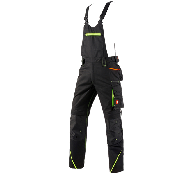 Main view, Work Trousers, Bib & brace e.s.motion 2020, black/high-vis yellow/high-vis orange