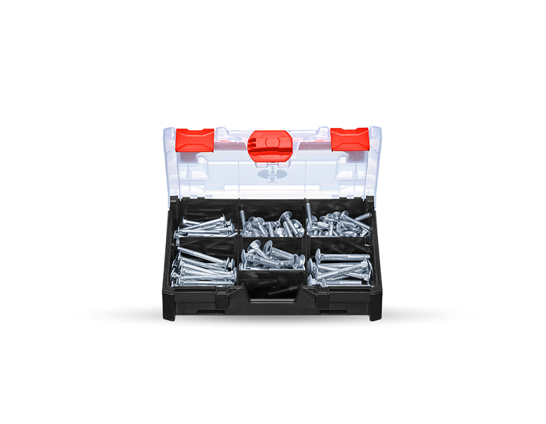 Main view, Attachment equipment, Cup square screws DIN 603 in STRAUSSbox mini