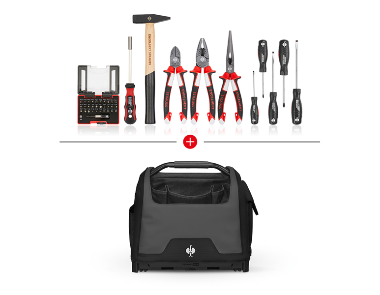 Main view, Combo-Sets, Tool set + STRAUSSbox tool bag, open, black
