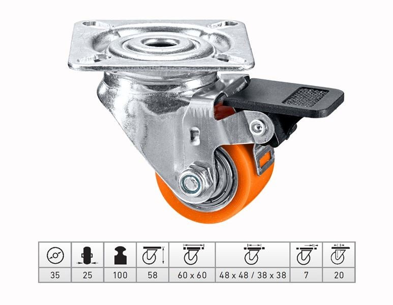 Main view, Transport rolls, Compact rollers with plate, with brakes