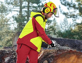 View 3, e.s. Forestry rain jacket, high-vis yellow/fiery red