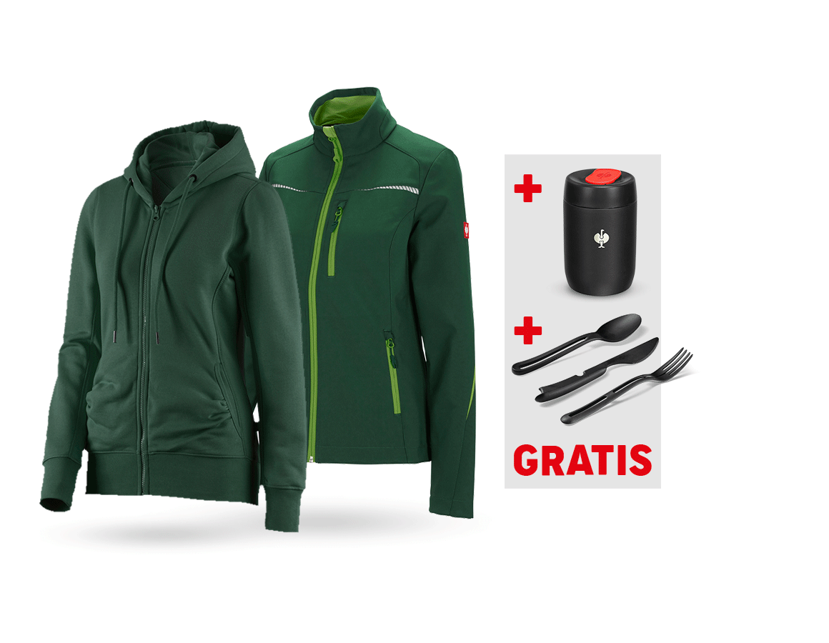 Tøjsæt: SÆT: Softshelljakke + Hoody-Sweatjakke, damer + grøn/havgrøn