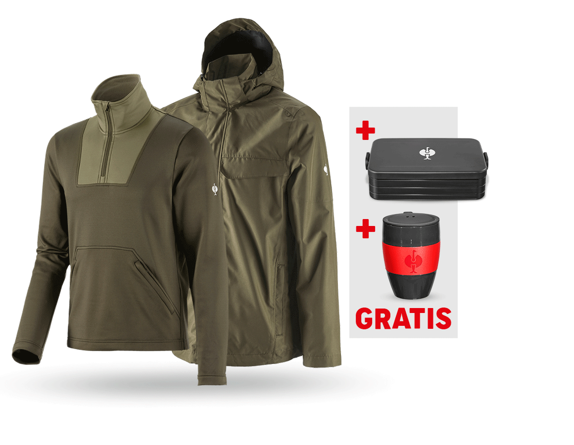 Beklædning: SÆT: Regnjakke + Pullover høj krave e.s.concrete + slamgrøn