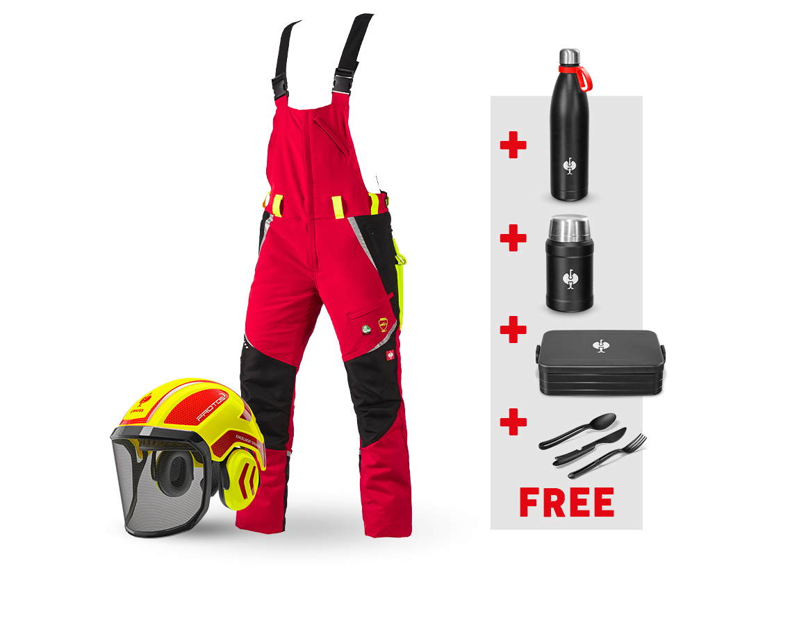 Clothing: SET: e.s. Forestry cut prot. bib&brace KWF+ helmet + red/high-vis yellow