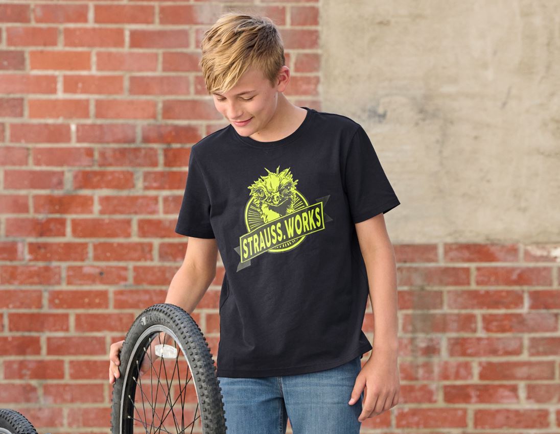 T-Shirts, Pullover & Skjorter: e.s. T-shirt strauss works, børne + sort/advarselsgul