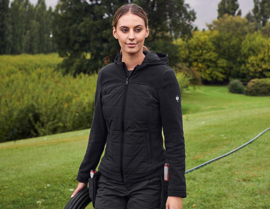 Work Jackets: Hybrid fleece hoody jacket e.s.concrete, ladies' + black
