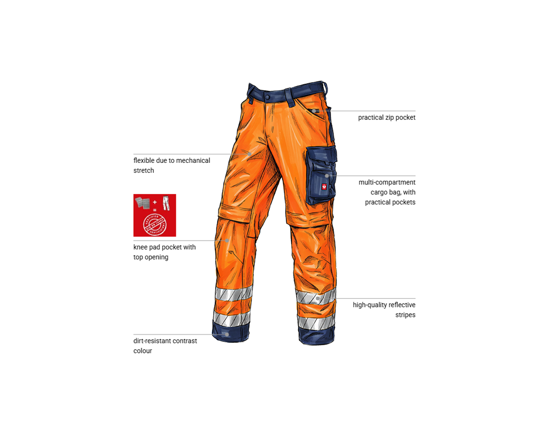 Work Trousers: High-vis trousers e.s.line.core + high-vis orange/navy 1