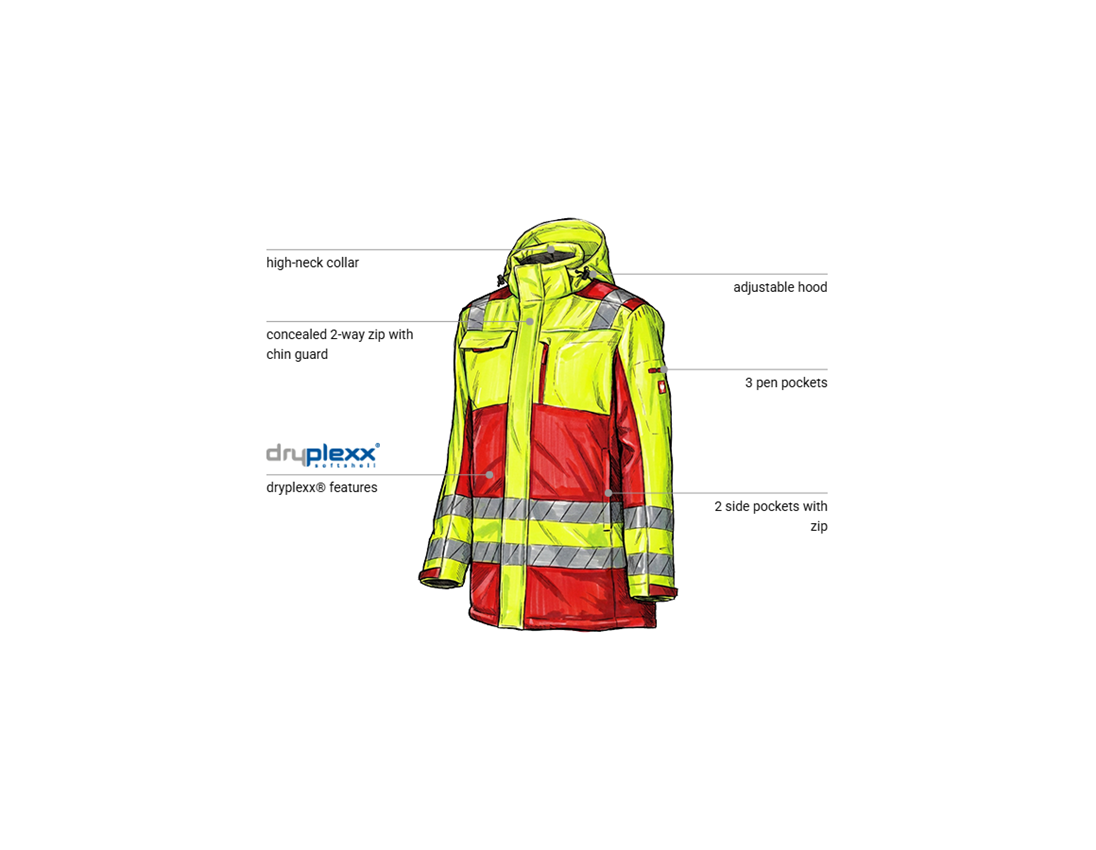 Work Jackets: High-vis winter softshell parka e.s.motion 24/7 + red/high-vis yellow 1