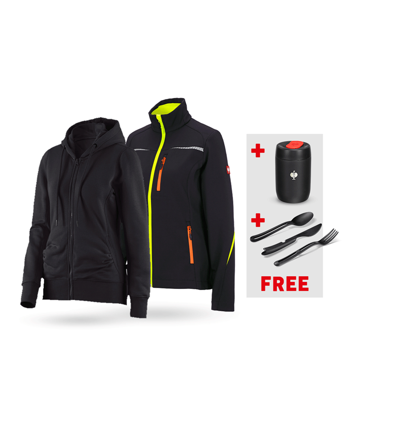 Clothing sets: SET: Softshell jacket + Hoody sweatjacket, ladies' + black/high-vis yellow/high-vis orange