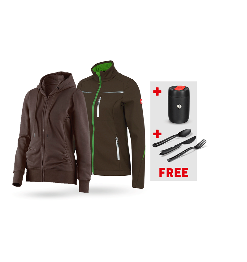 Clothing: SET: Softshell jacket + Hoody sweatjacket, ladies' + chestnut/seagreen