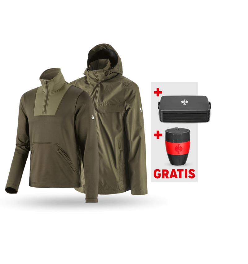 Beklædning: SÆT: Regnjakke + Pullover høj krave e.s.concrete + slamgrøn