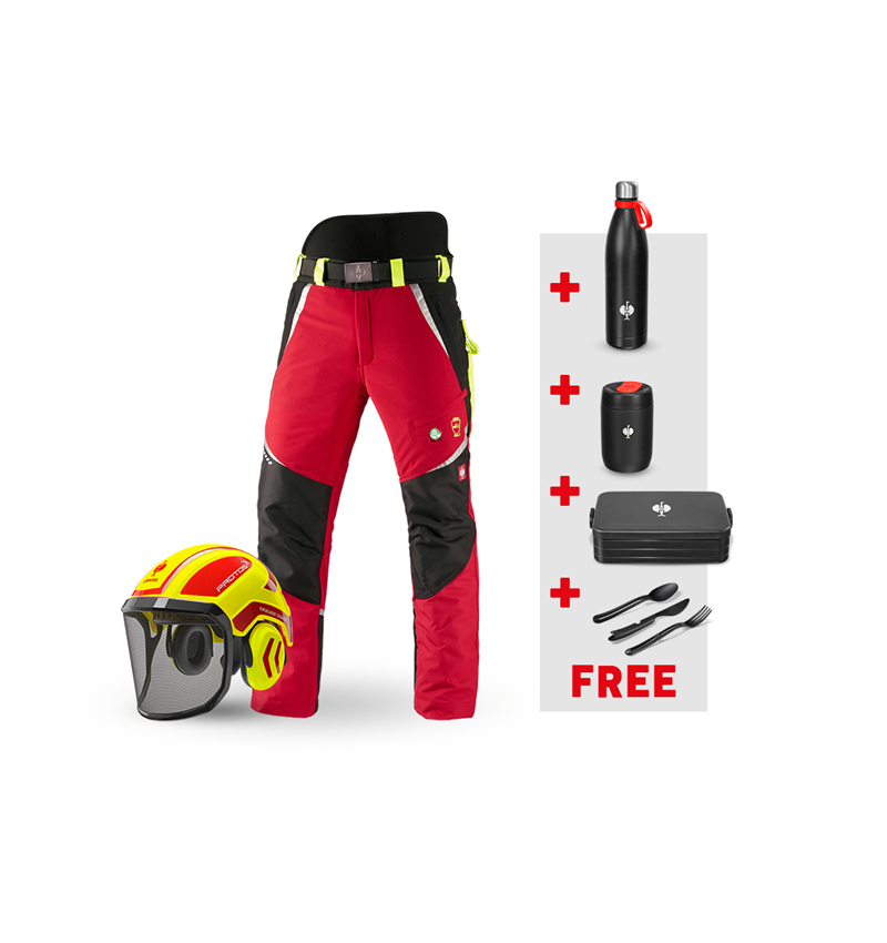 Clothing: SET: e.s. Forestry cut prot. trousers KWF + helmet + red/high-vis yellow