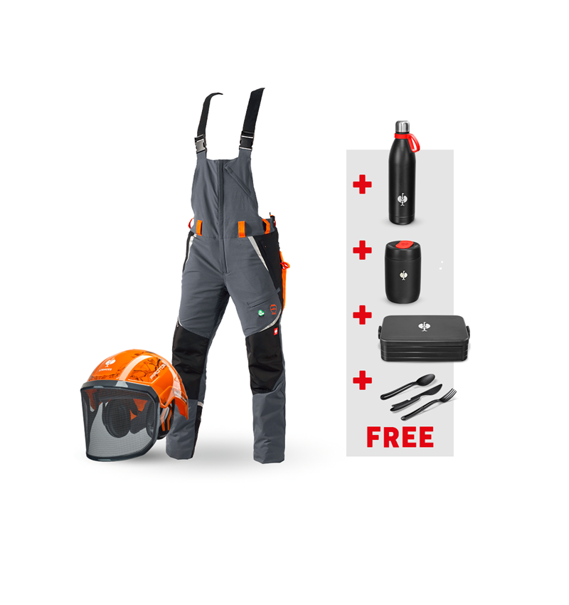 Clothing: SET: e.s. Forestry cut prot. bib&brace KWF+ helmet + grey/high-vis orange