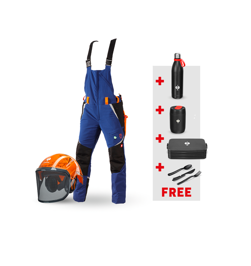 Clothing: SET: e.s. Forestry cut prot. bib&brace KWF+ helmet + royalblue/high-vis orange