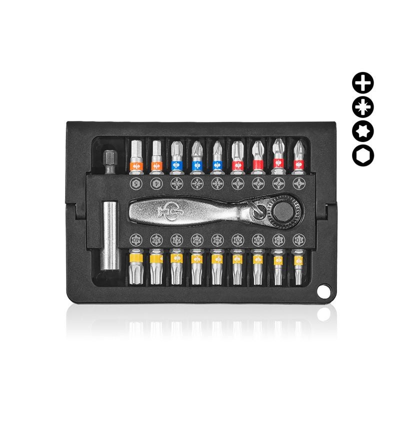 Bits: Bit box Color with ratchet, Compact 20-part