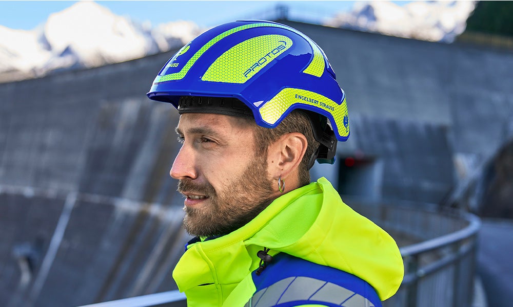 Matching work helmet in royal/high-vis orange
