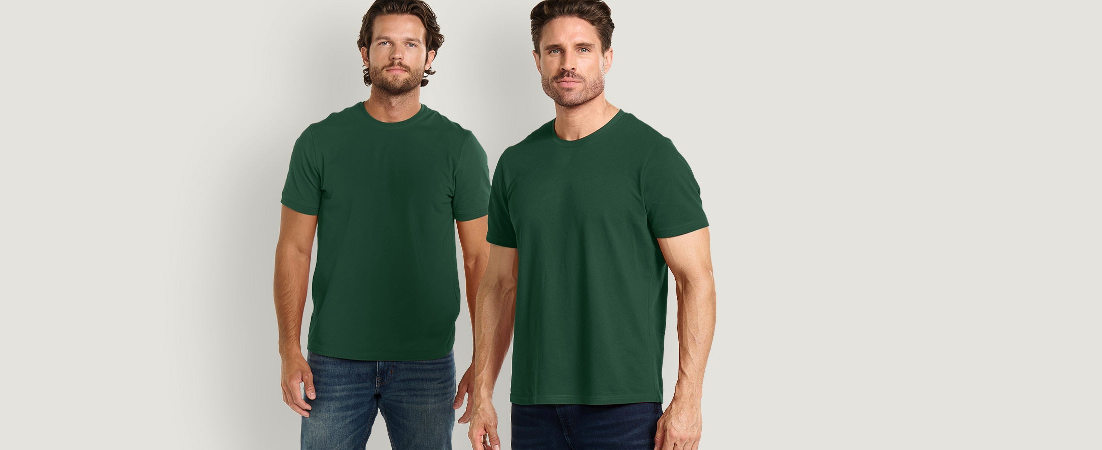 Male models wearing the new basics in green.