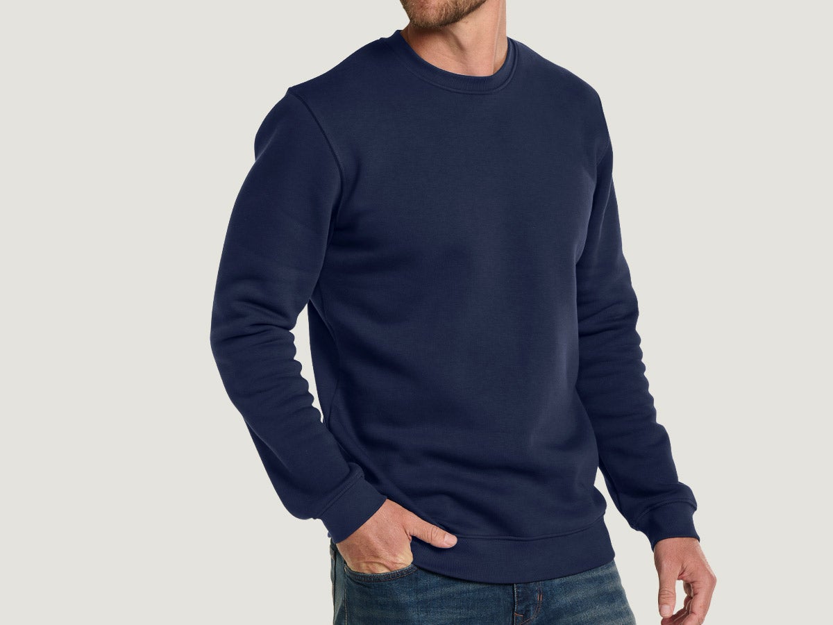 Male models wearing the new basics in dark blue.