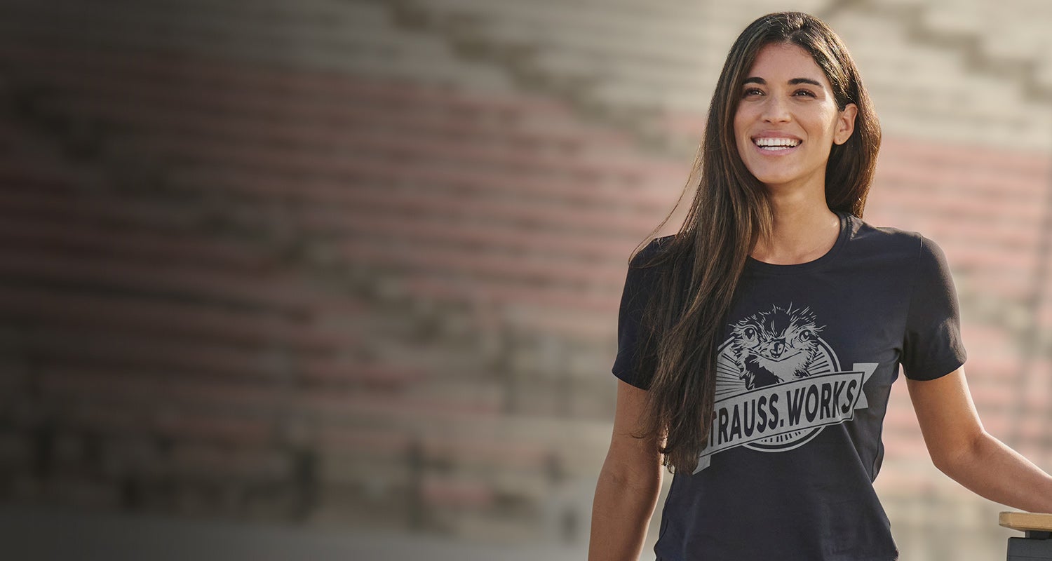 Woman wearing a T-shirt with Strauss print in black