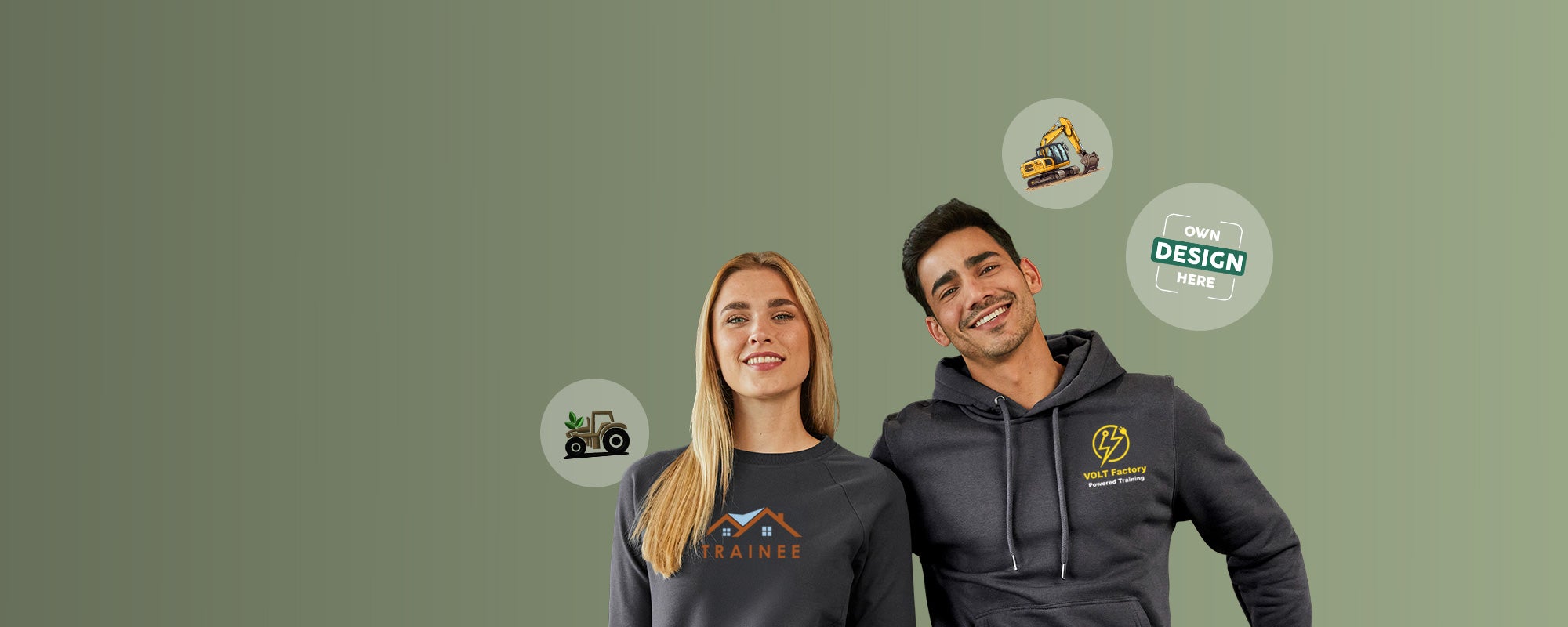  Strauss MyDesign – customisable clothing for teams and apprentices - Two people in dark sweatshirts with the prints “AZUBI” and “VOLTWERK Ausbildung mit Power” stand against a green background.