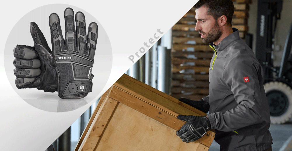 Bild des Protect-Handschuhs mit einem daneben abgebildeten Anwendungsbild sowie dem Schriftzug „Protect“.