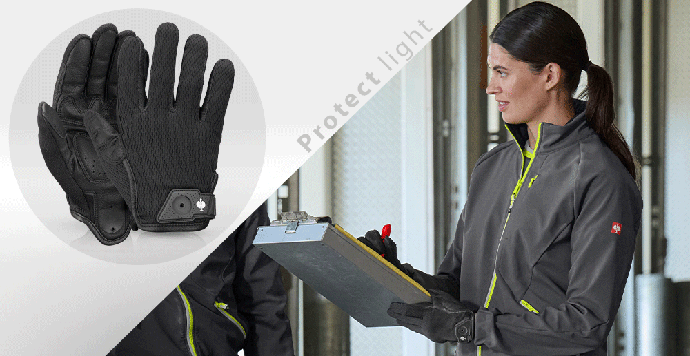 Bild des Protect-Handschuhs mit einem daneben abgebildeten Anwendungsbild sowie dem Schriftzug „Protect light“.