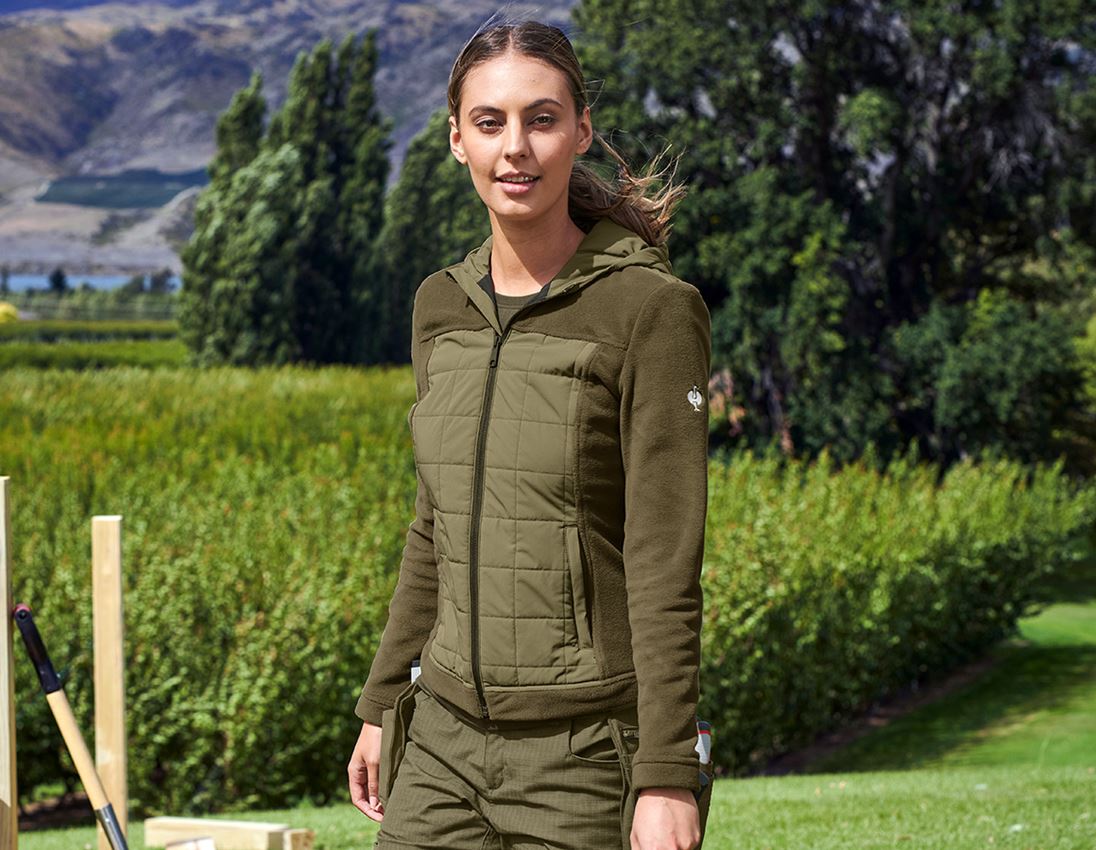 Work Jackets: Hybrid fleece hoody jacket e.s.concrete, ladies' + mudgreen/stipagreen