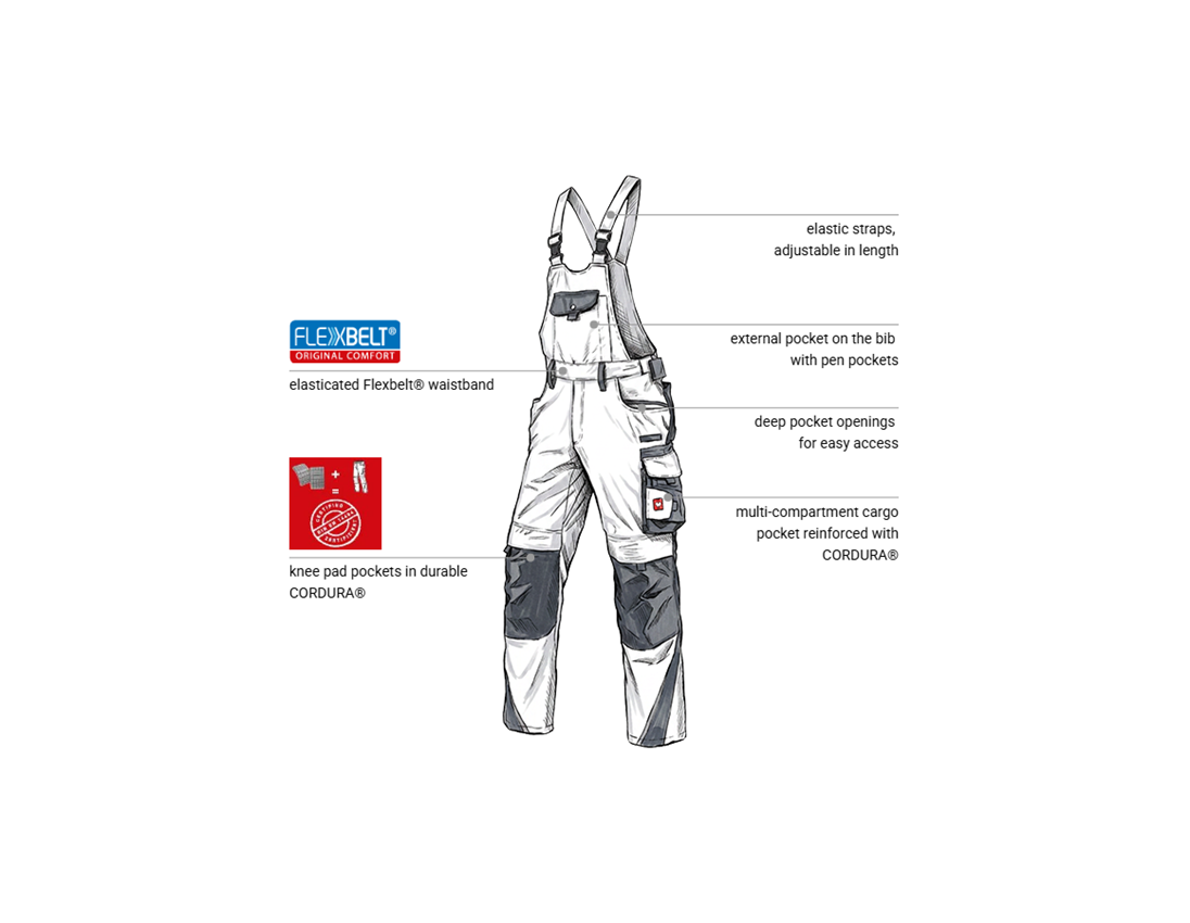Work Trousers: Bib & brace e.s.motion + white/grey 1