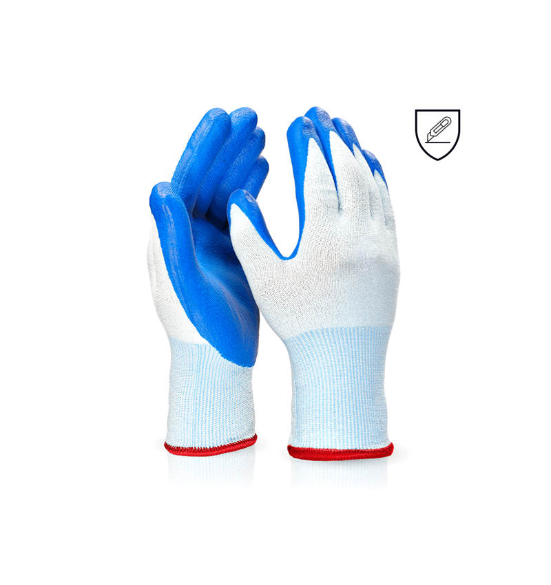 Coated: Nitrile cut protect. gloves evertouch Cut C Food + blue/lightblue-melange