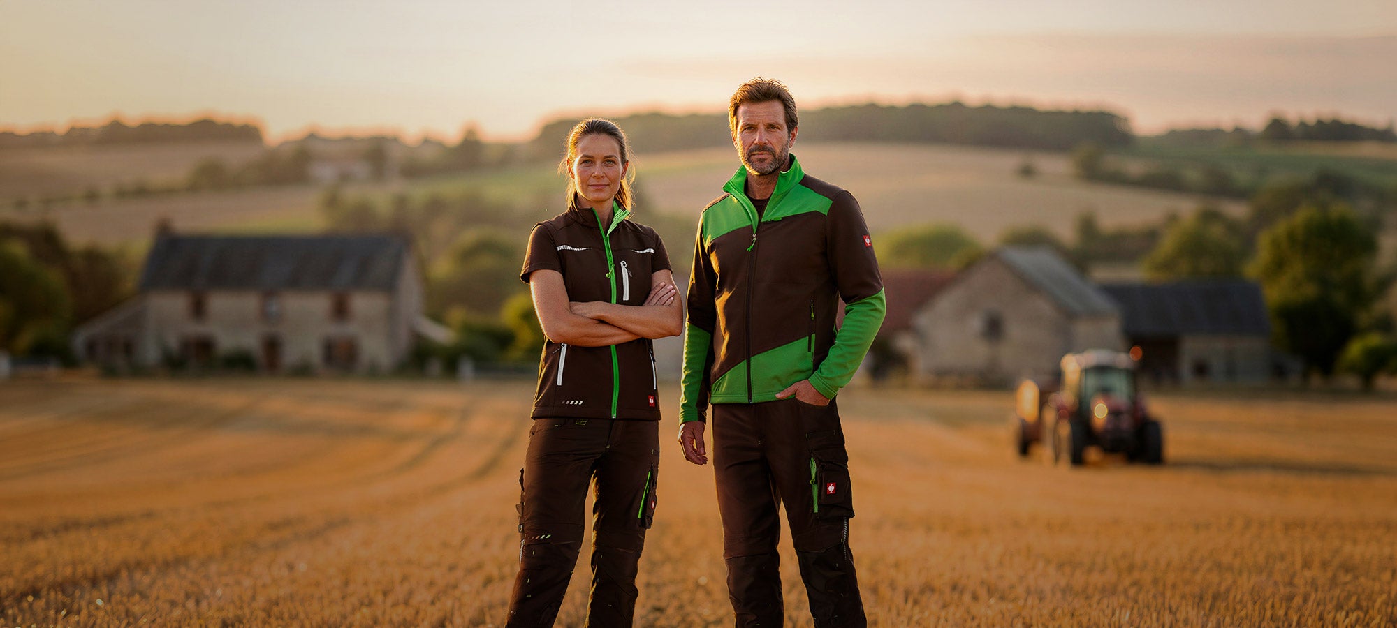 A man and a woman are wearing the e.s.motion2020 collection from Strauss.