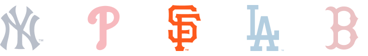 Logos der New York Yankees, Philadelphia Phillies, San Francisco Giants, Los Angeles Dodgers und Boston Red Sox.