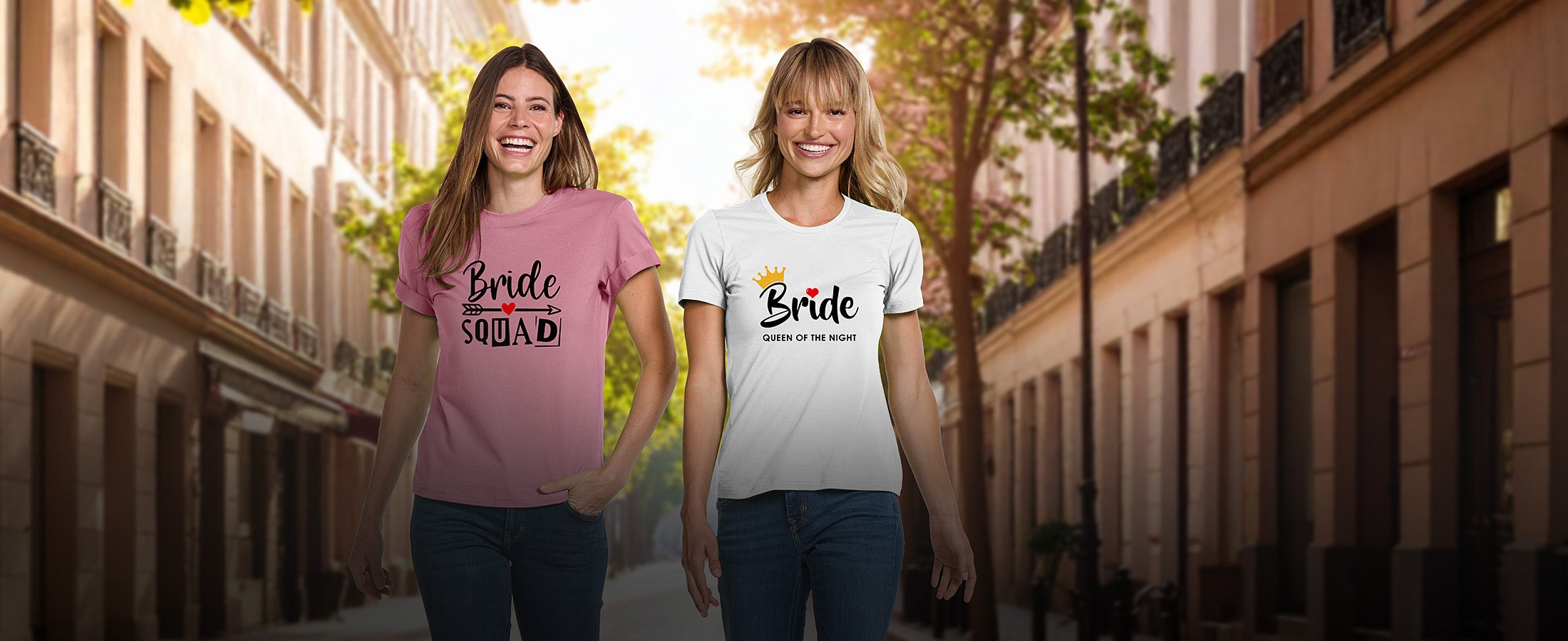 Two women in e.s.basics shirts with the prints “Bride Squad” and “Bride – Queen of the night”