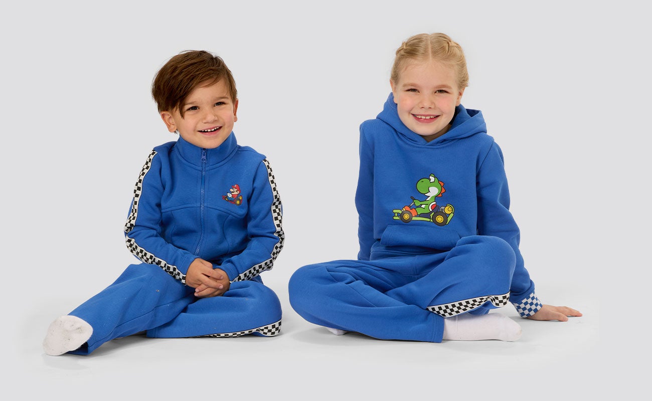 Boys and girls wearing the MarioKart collection